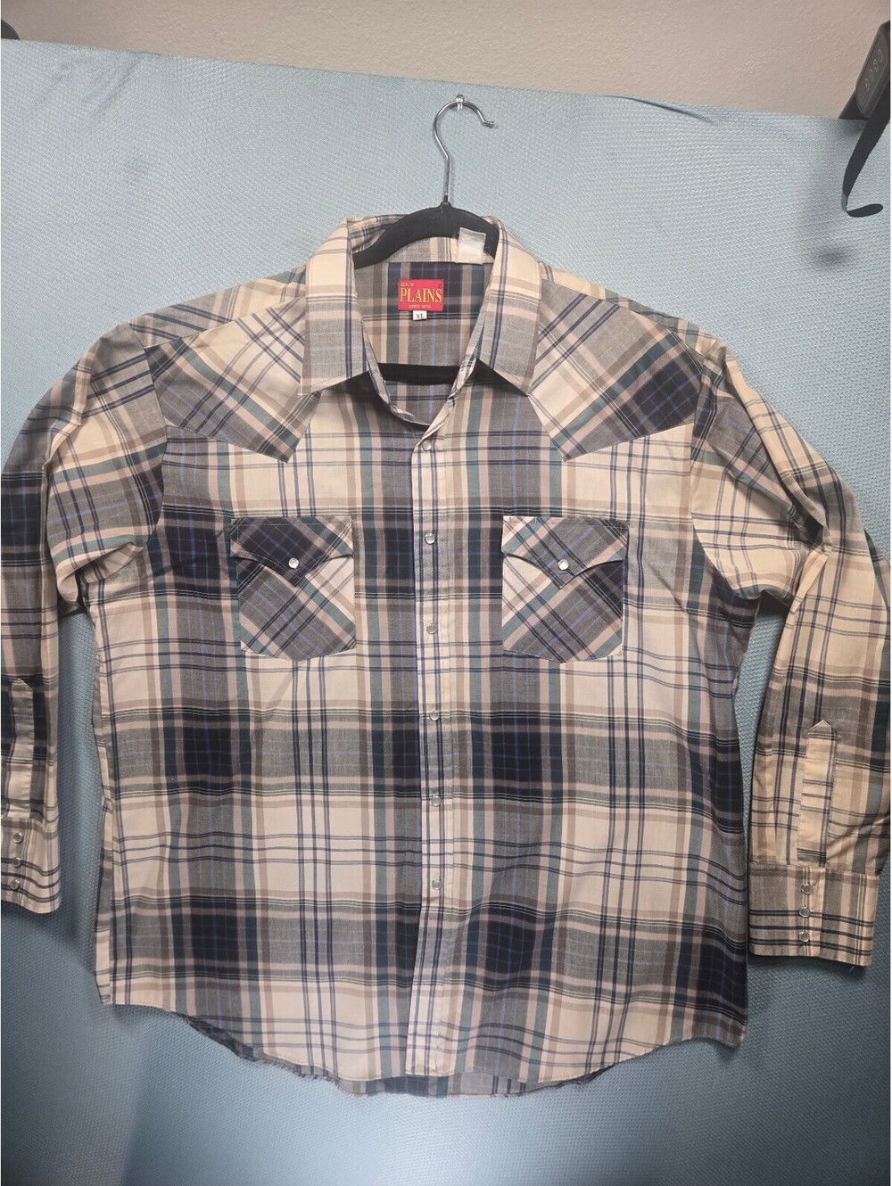 Plains Western Wear Mens Large Ivory Plaid Casual Pearl Snap Shirt long Sleeve